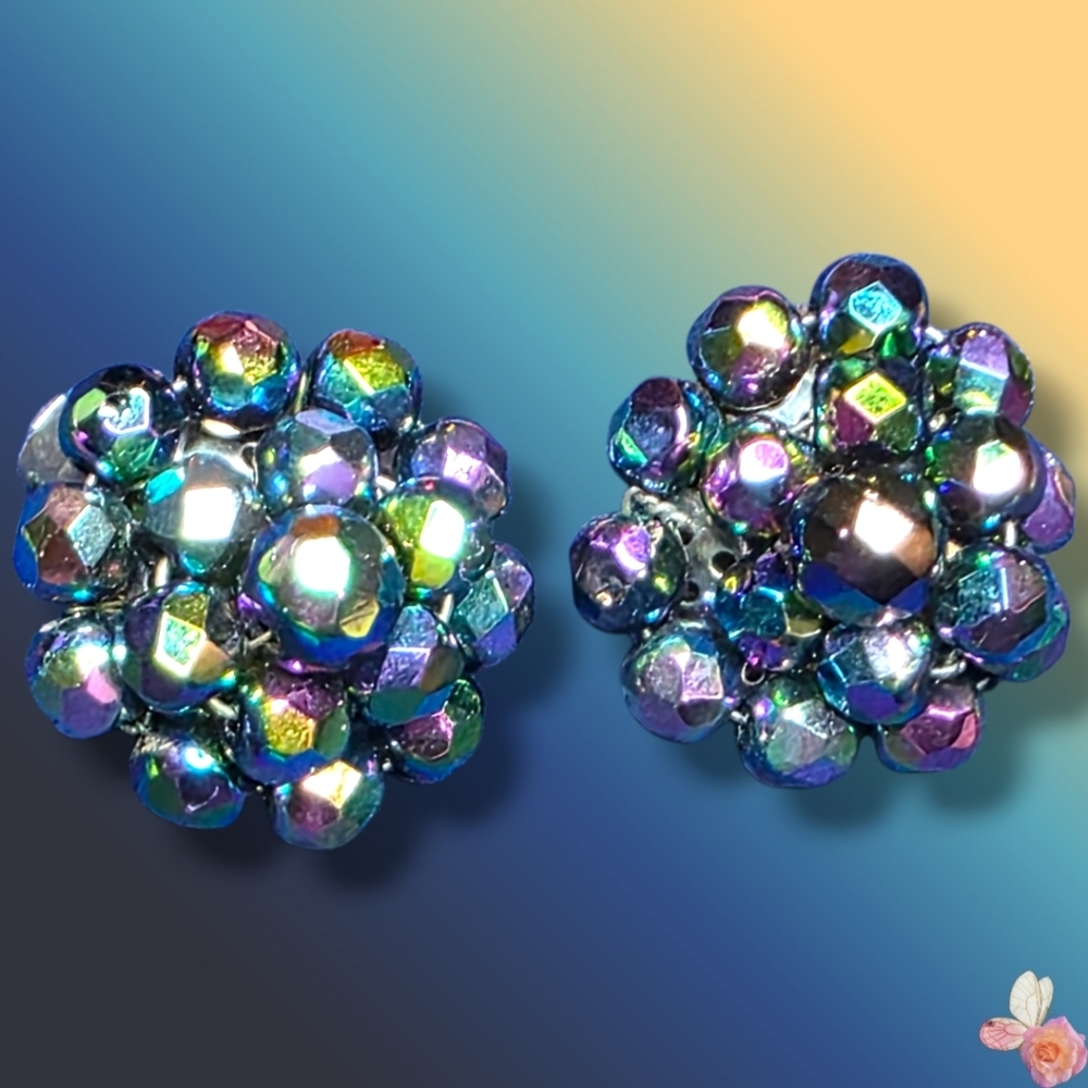 West Germany Cluster Clip On Earrings Multicolor Ab Beads 891 32$